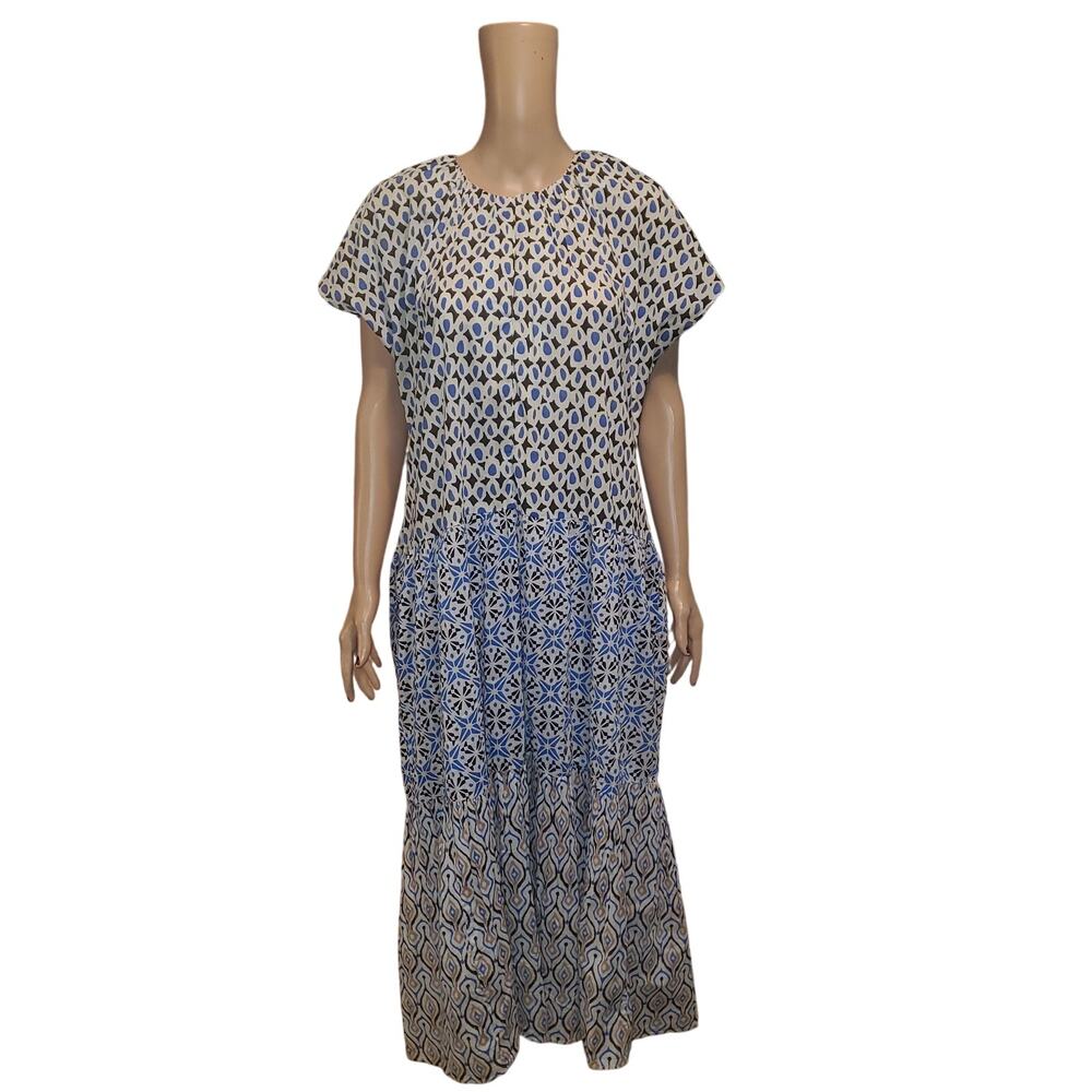 NEW Zara Size L Patchwork Midi Dress in Ecru Blue Pockets Cotton Modest